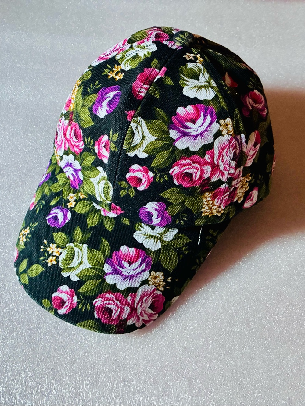 Floral Print Women's Baseball Cap - Black with Pink & Green Roses